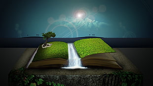 green and beige book with waterfalls, books, artwork, landscape, digital art