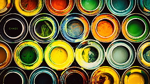 assorted paint cans, colorful, typography, blue, green HD wallpaper