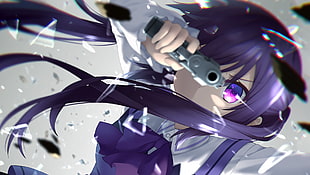 female anime character holding gray gun illusration, anime, anime girls, Gochuumon wa Usagi Desu ka?, purple eyes HD wallpaper