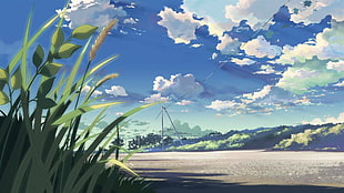 painting of grass and clouds, 5 Centimeters Per Second, Makoto Shinkai , reeds, anime