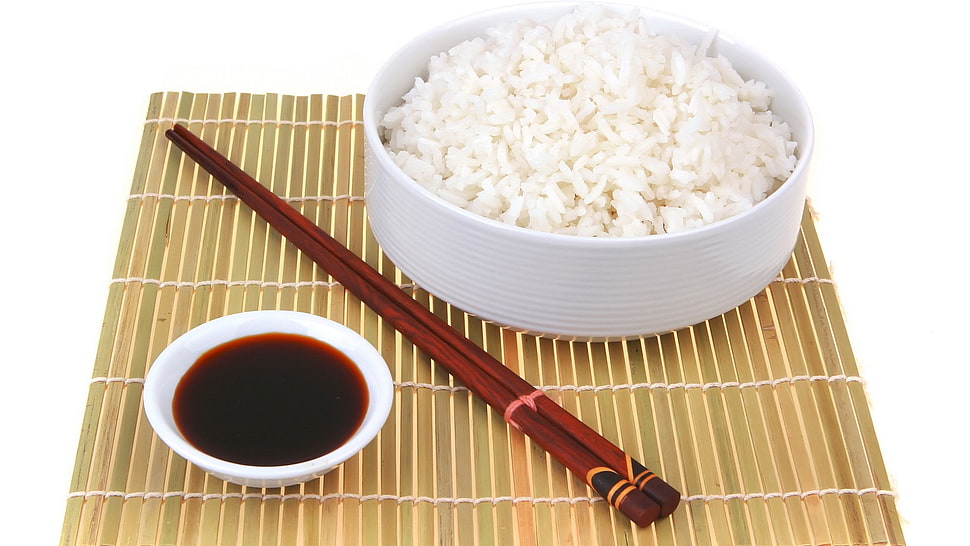 cooked rice with red chopsticks HD wallpaper