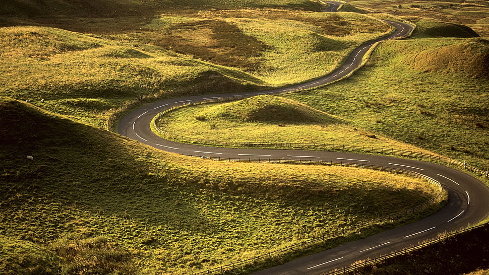 zigzag road and greenfields HD wallpaper