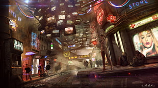 game application, cyberpunk, television sets, neon lights
