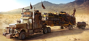 brown truck digital art, vehicle, digital art, artwork, apocalyptic