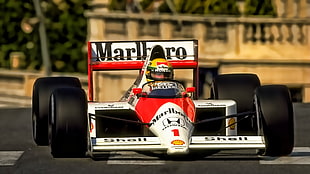 red and white Marlboro go kart, Ayrton Senna, Formula 1, McLaren F1, Monaco HD wallpaper