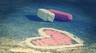 pink and white chalks, heart, asphalt
