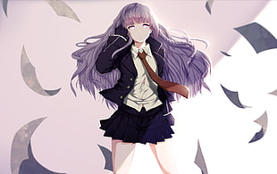 purple haired girl in black and white school uniform anime character digital wallpaper