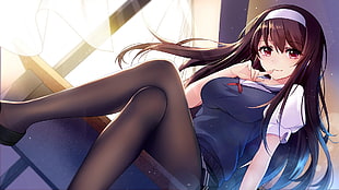 female black-haired anime character sitting on chair illustration