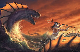 water dragon fighting with man holding trident illustration