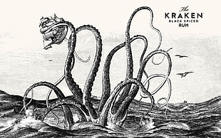 Kraken black spiced rum illustration, Kraken, boat, sea monsters, sailing ship