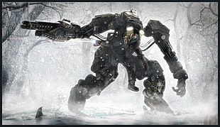 robot grayscale painting, mech, science fiction, winter, snow
