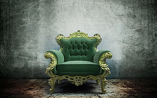 yellow wooden framed green suede tufted armchair