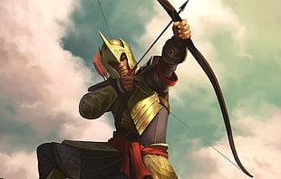 man wearing gold helm and shoulder pad holding composite bow