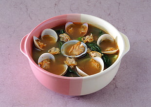 seafood on pink and white plastic container
