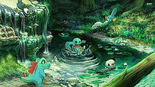 Pokemon character illustration, Pokémon, water, play, waterfall