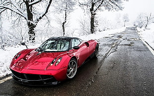 red super car, sports car, road, snow, car HD wallpaper