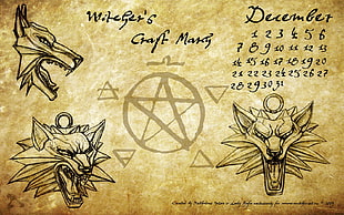 wolf sketch and pentagram with December calendar wallpaper, artwork, The Witcher, video games
