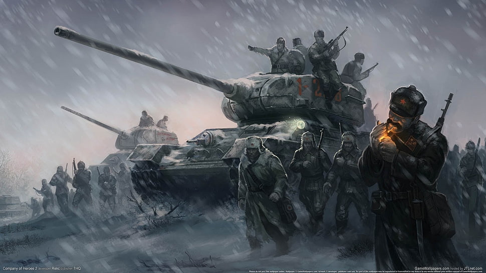 Soviet Soldiers in winter artwork, tank, red army, T-34-85, Company of Heroes 2 HD wallpaper