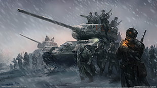 Soviet Soldiers in winter artwork, tank, red army, T-34-85, Company of Heroes 2