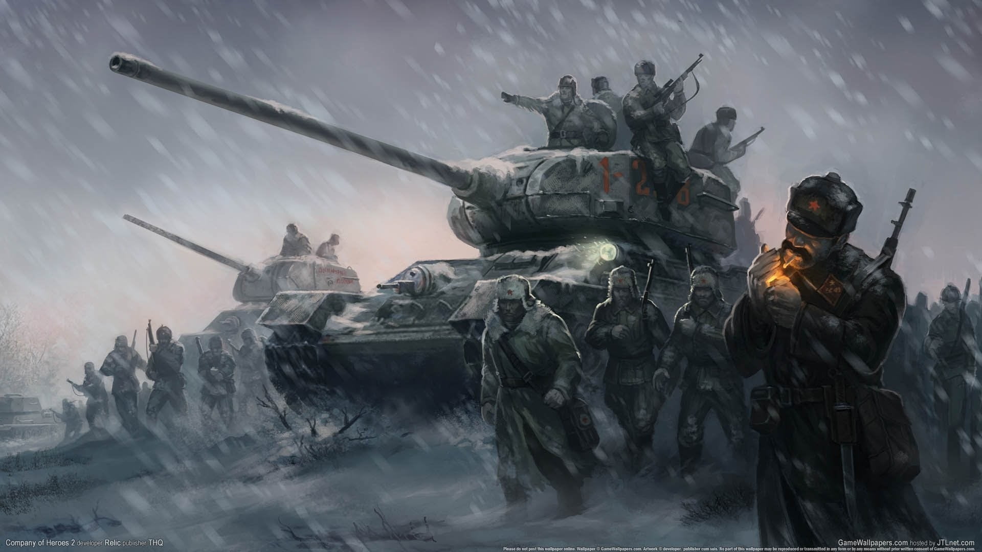 Soviet Soldiers in winter artwork, tank, red army, T-34-85, Company of Heroes 2