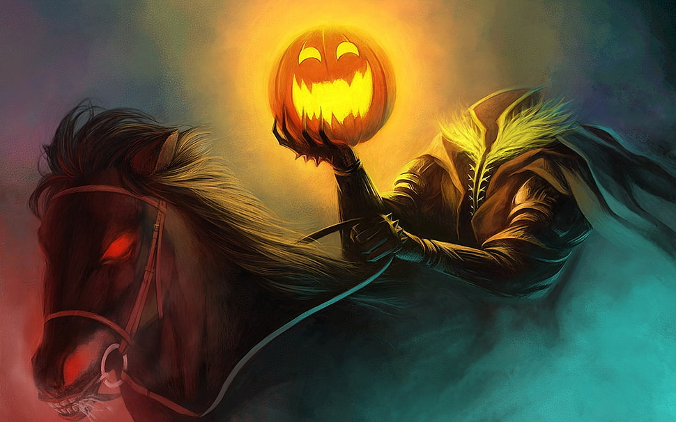Jack o Lantern illustration, Halloween, horse, pumpkin, artwork HD wallpaper