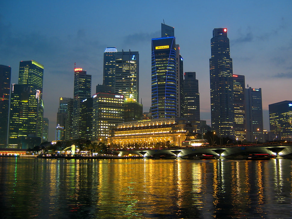 lighted cityscape near body of water, singapore HD wallpaper