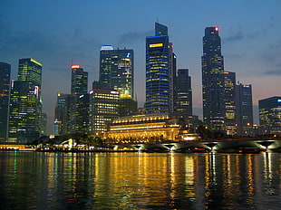 lighted cityscape near body of water, singapore HD wallpaper
