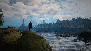 swordsman standing beside lake near tower painting, The Witcher 3: Wild Hunt, Velen