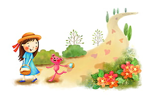 girl in brown hat and pink cat illustration HD wallpaper