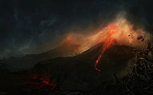 volcano eruption illustration, digital art, artwork, nature, landscape HD wallpaper