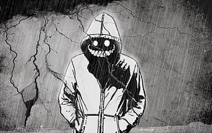 sketch of person wearing hoodie, SCP-087-B, artwork, monochrome