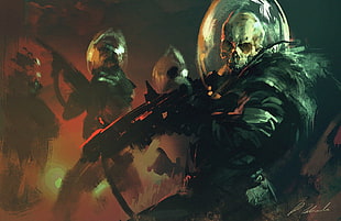 skeleton wearing armor suit and rifle digital wallpaper, artwork, fantasy art, concept art, space HD wallpaper