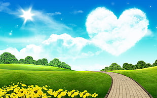 pathway and grass field under heart-shaped cloud