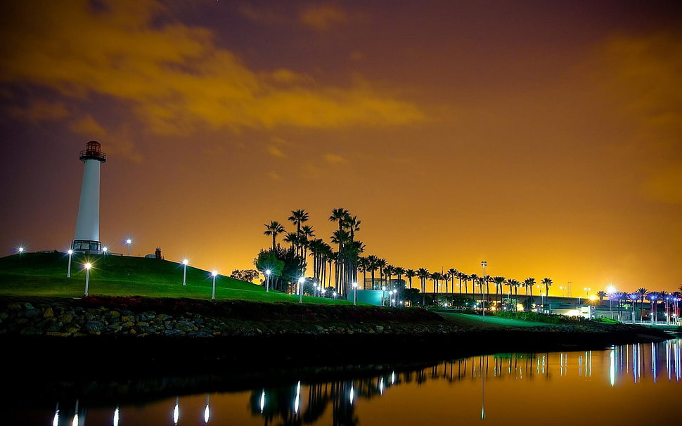 white lighthouse, lighthouse, night, sky, lights HD wallpaper
