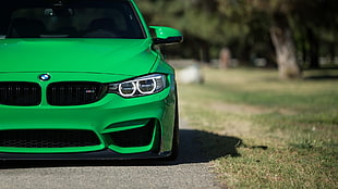 green BMW E-Series, photography, BMW, green, Headlights