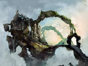 fantasy castle in the middle of the clouds digital wallpaper, fantasy art, castle, stairs, artwork