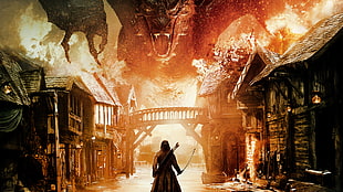 archer in front of dragon above bridge wallpaper, The Hobbit: The Battle of the Five Armies, Smaug HD wallpaper