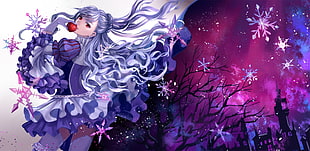 purple-haired female anime character digital wallpaper, original characters, gloves, dress, apples