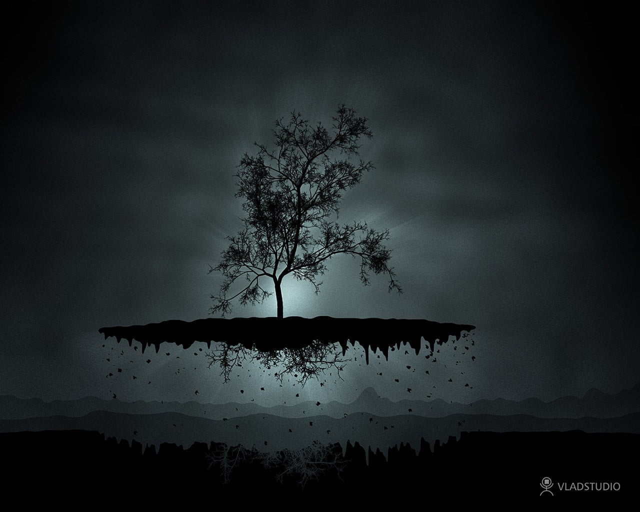 black and white trees painting, trees, floating, spooky