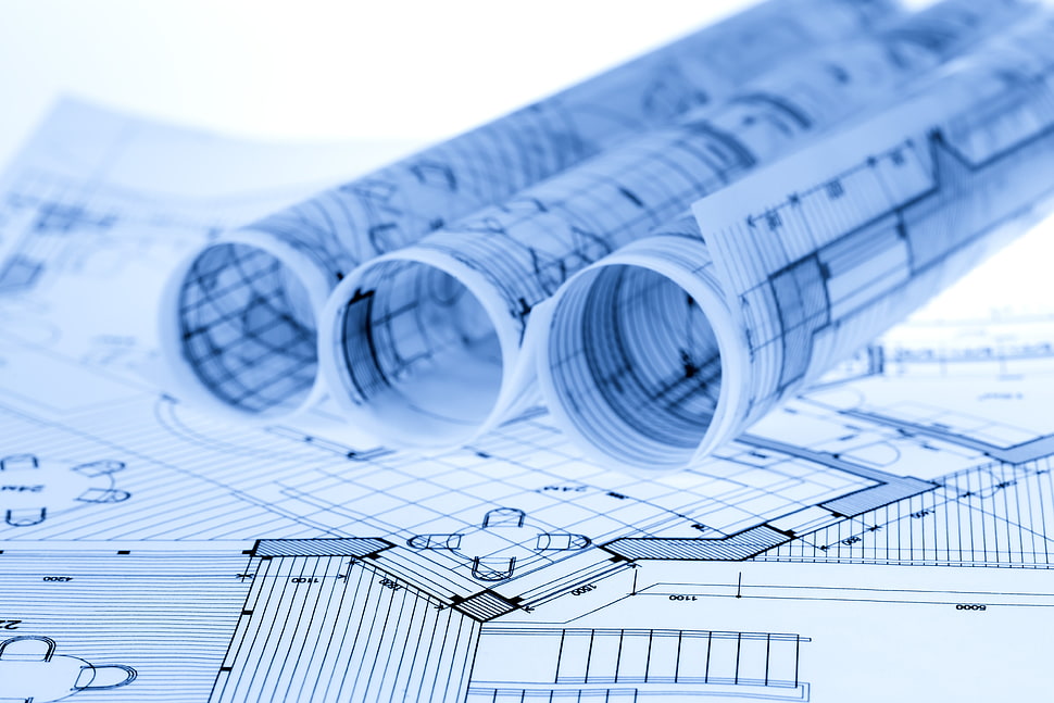 blue graphing papers, scrolls, drawing, engineering, architecture HD wallpaper
