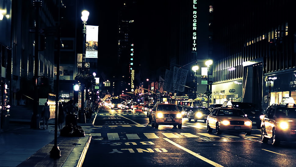 yellow taxi vehicle, night, New York City HD wallpaper