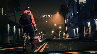 men's red jacket and black backpack, GTA5, Grand Theft Auto V, Grand Theft Auto, Hollywood HD wallpaper