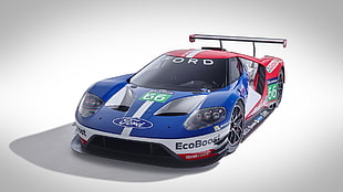 blue, white, and red Ford car, Ford GT, Le Mans, car, race cars