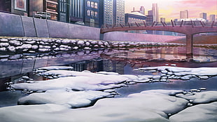brown bridge, artwork, snow, river, bridge HD wallpaper