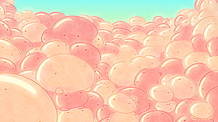 pink cartoon characters, bubbles, Poring