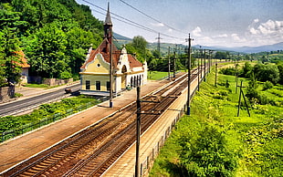 train tracks near forest HD wallpaper