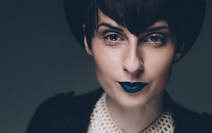 woman in black top and blue lips HD wallpaper