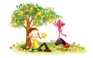 yellow and green dressed girl beside tree illustration