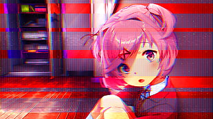 pink haired anime character, Doki Doki Literature Club, Natsuki (Doki Doki Literature Club), glitch art HD wallpaper