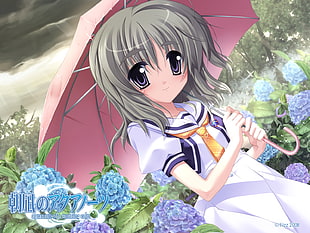 gray haired female anime character holding a red umbrella